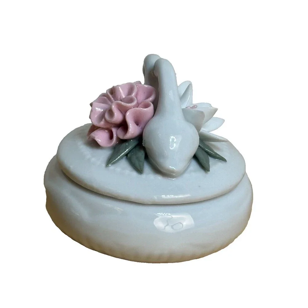 Vintage Double Swan Porcelain Jewelry Trinket Box Pink Floral Cottagecore DecorV